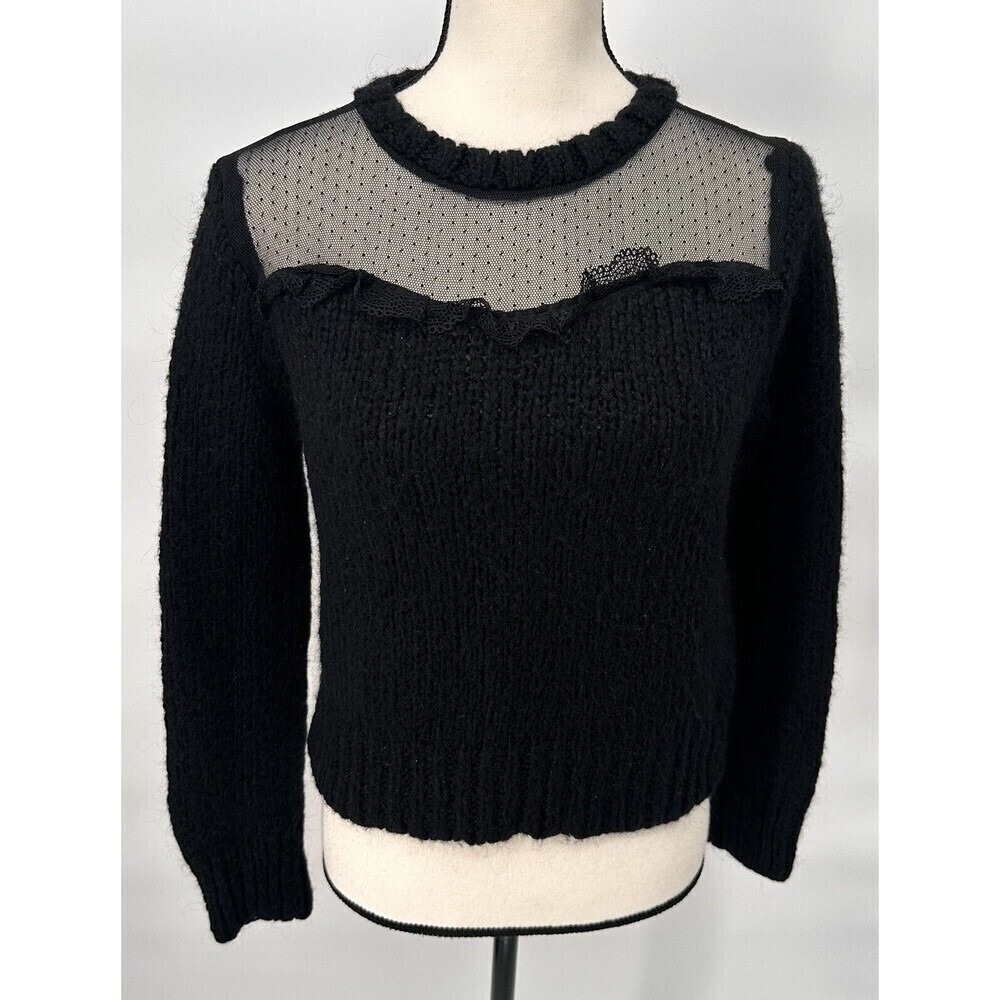Zara Knit Sweater Womens Small Black Mesh Lace Yoke Keyhole Back Pullover